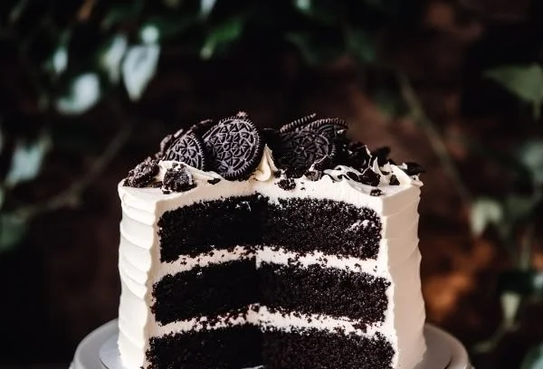 Dark Velvet Cake topped with creamy Oreo frosting