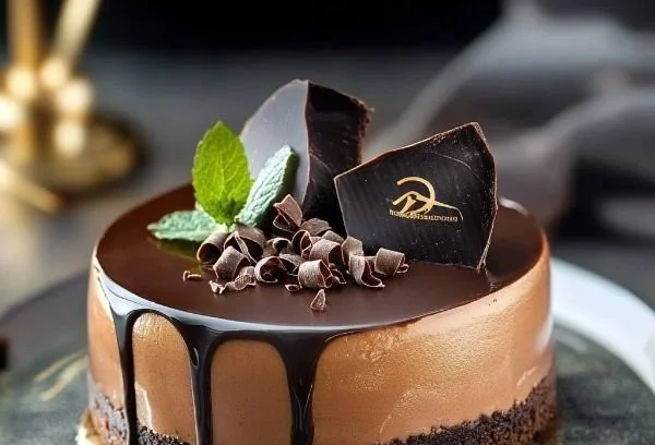 Decadent chocolate mousse torte garnished with dark chocolate shavings