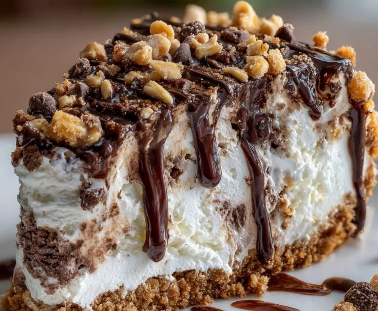 Delicious Drumstick Ice Cream Cake topped with crunchy chocolate and nuts