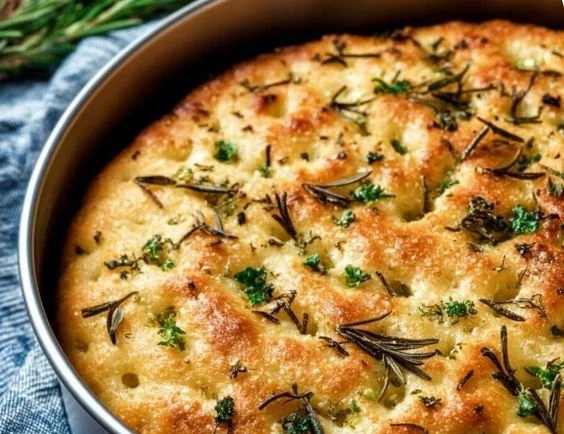 Freshly baked herbed focaccia bread with herbs on a wooden table.