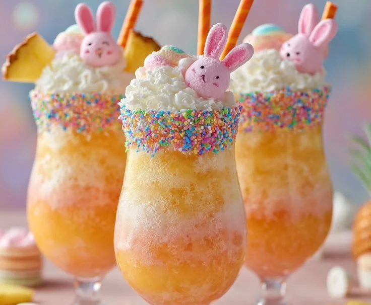 Easter Bunny Mimosa cocktail with festive decorations and bunny-shaped garnish