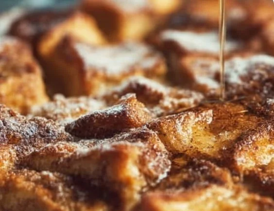 Easy Baked French Toast Casserole served in a baking dish with syrup