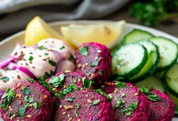Delicious homemade beet falafel served with fresh salad and tahini sauce