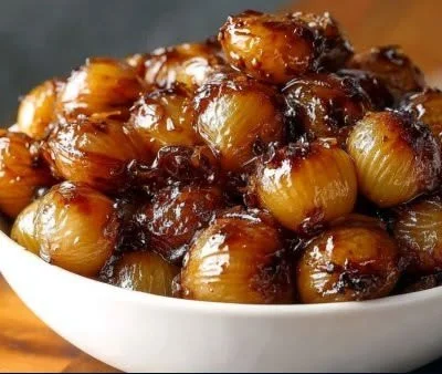 Delicious easy glazed pearl onions in a skillet with a shiny glaze