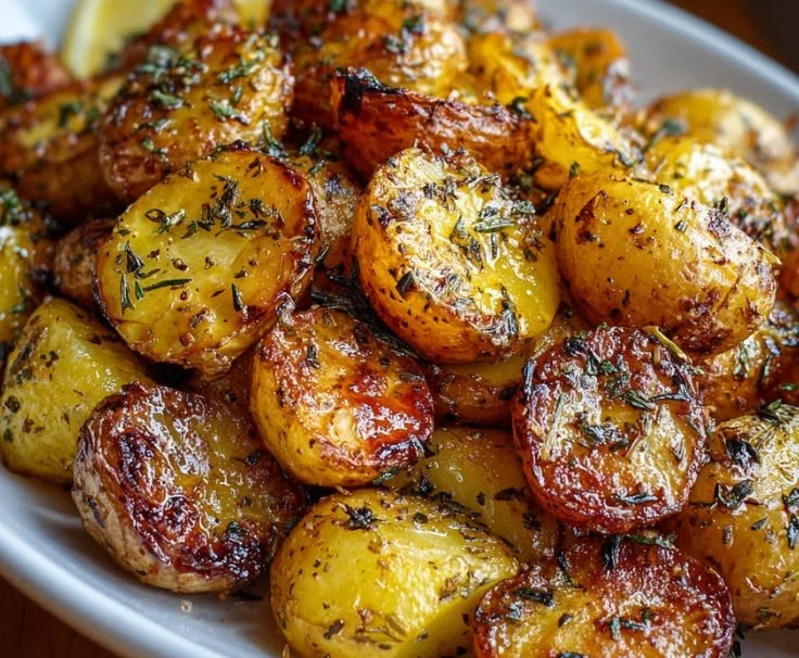 Delicious Easy Greek Lemon Potatoes served on a plate, garnished with herbs