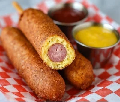 Homemade crispy corn dogs ready to be served on a plate.