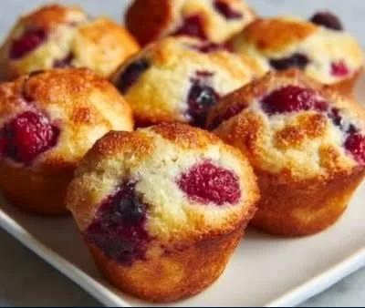 Golden brown mixed berry muffins freshly baked and ready to enjoy.