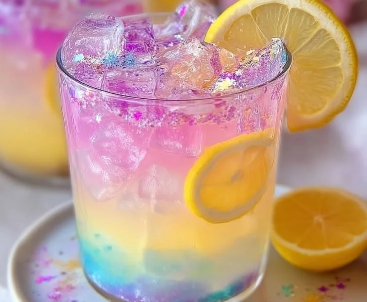 Colorful glass of Enchanted Unicorn Lemonade with playful garnishes