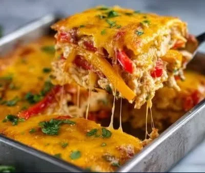 Delicious fajita chicken casserole with colorful peppers and melted cheese