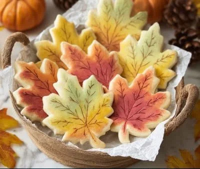 Delicious fall leaf cut-out cookies decorated in autumn colors.
