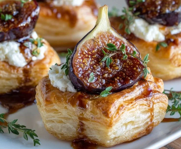 Fig and goat cheese puff pastry topped with fresh figs and herbs
