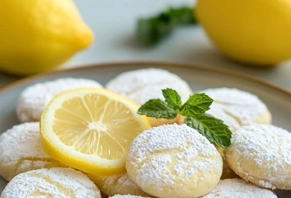 Flourless lemon cookies on a plate, showcasing their vibrant color and texture.