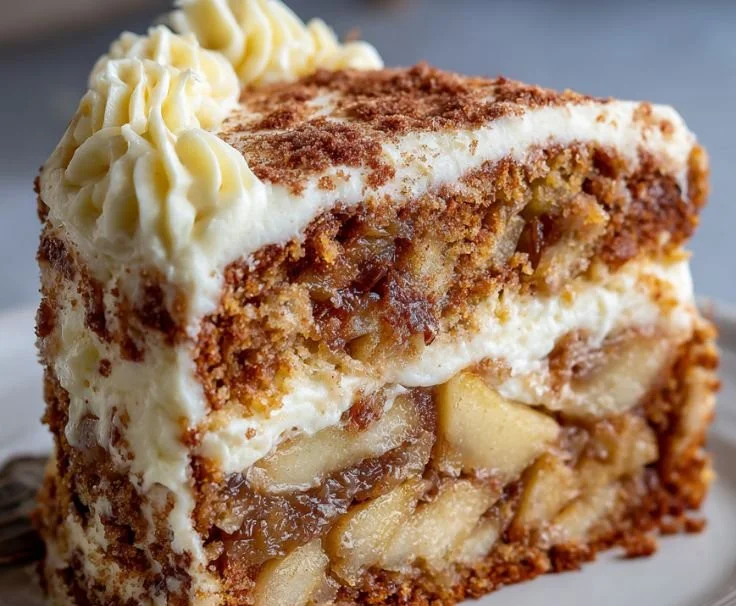 Fresh apple cake with cream cheese frosting on a white plate
