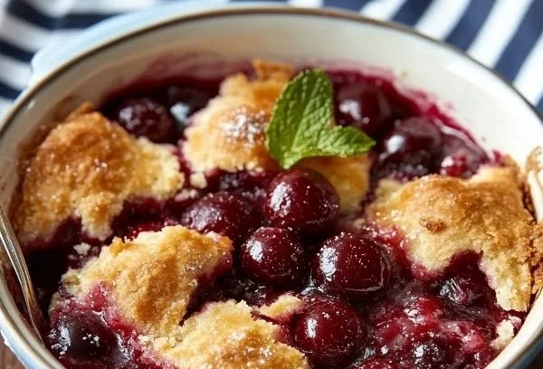 Delicious fresh cherry cobbler topped with ice cream in a serving dish