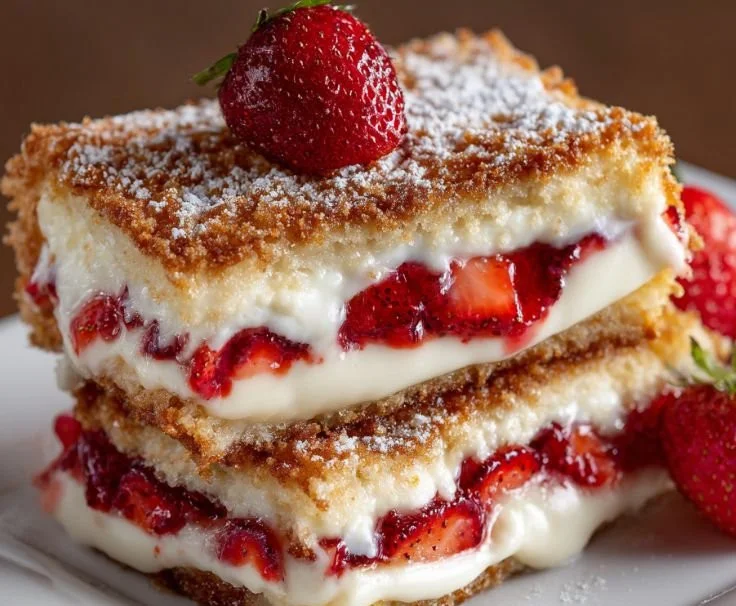 Fried strawberry cheesecake sandwiches served with a drizzle of syrup