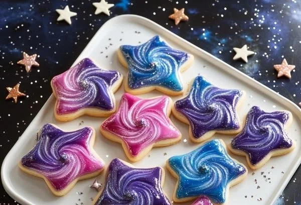 Delicious Galaxy Star Cookies decorated with colorful icing and sprinkles
