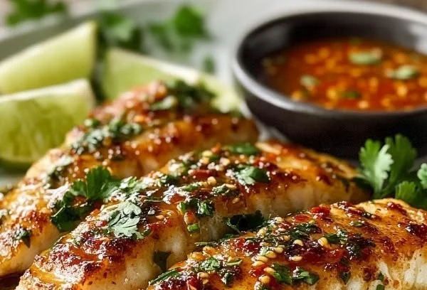 Garlic Butter Cod Strips served with Sweet Chili Lime Sauce