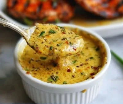Homemade garlic butter dipping sauce in a bowl with fresh herbs