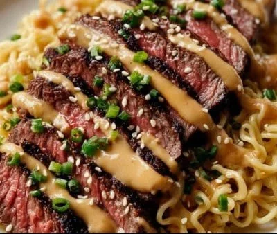 Delicious garlic butter steak noodles garnished with herbs for a flavorful meal