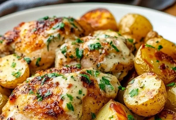 Delicious Garlic Parmesan Chicken and Potatoes served on a plate