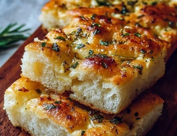 Homemade Garlic Parmesan Focaccia bread with herbs and melted cheese.