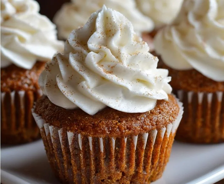 Gingerbread cupcakes topped with cream cheese frosting on rustic table