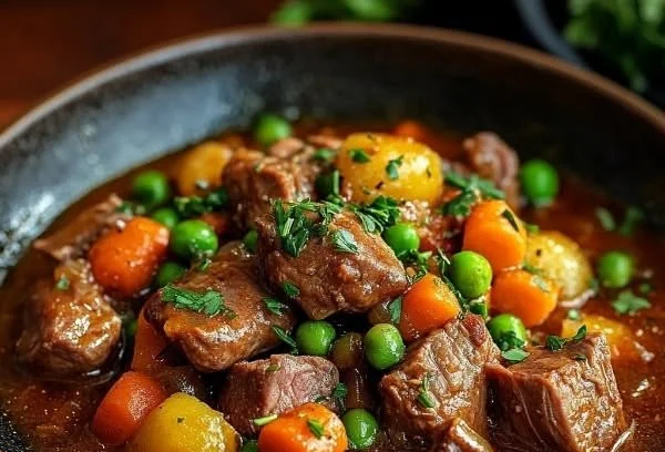 Gordon Ramsay's Irish lamb stew served in a rustic bowl with fresh herbs.