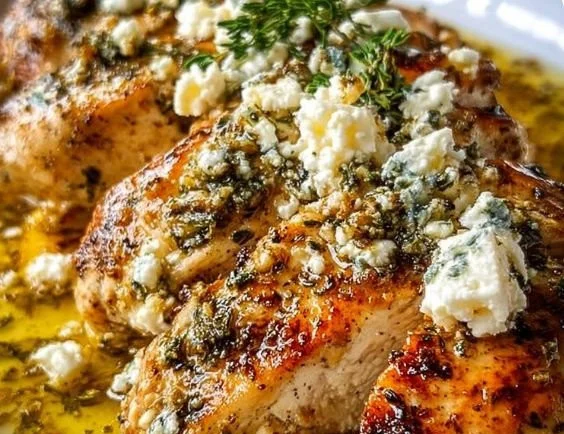 Greek-Style Lemon Chicken garnished with Feta cheese and fresh herbs