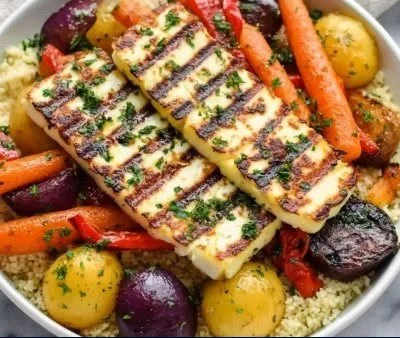 Griddled vegetables and halloumi served with couscous on a plate.