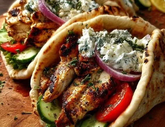 Delicious Grilled Greek Chicken Gyros served with fresh ingredients.