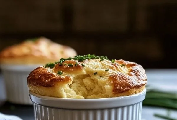Delicious Gruyère and chive soufflé ready to be served