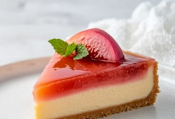 Delicious guava cheesecake slice topped with fresh guava and cream