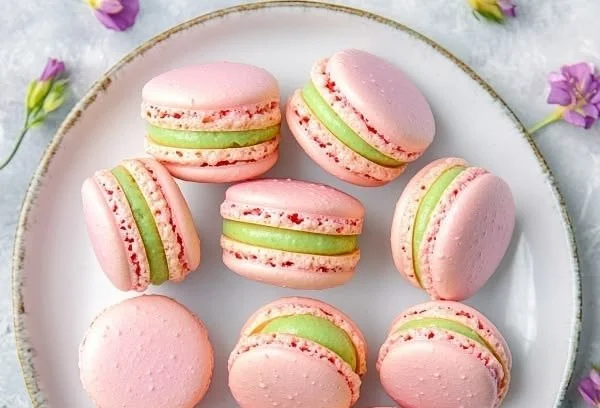 Delicious guava macarons with creamy guava buttercream filling
