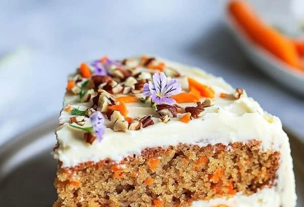 A slice of healthy carrot cake topped with cream cheese frosting and walnuts