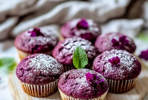 Delicious hibiscus infused muffins on a rustic wooden table