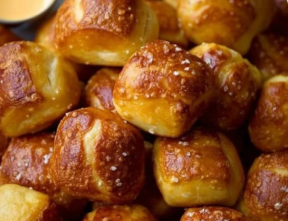 Homemade soft pretzel bites served with dipping sauce