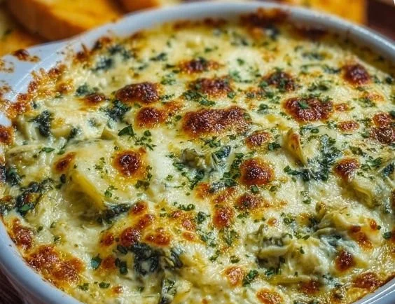 Homemade spinach artichoke dip served in a bowl with tortilla chips