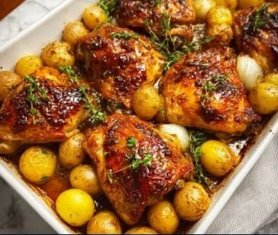 Delicious Honey Garlic Chicken served with roasted potatoes on a plate