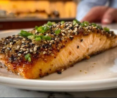 Delicious honey-glazed salmon fillet on a plate with garnish