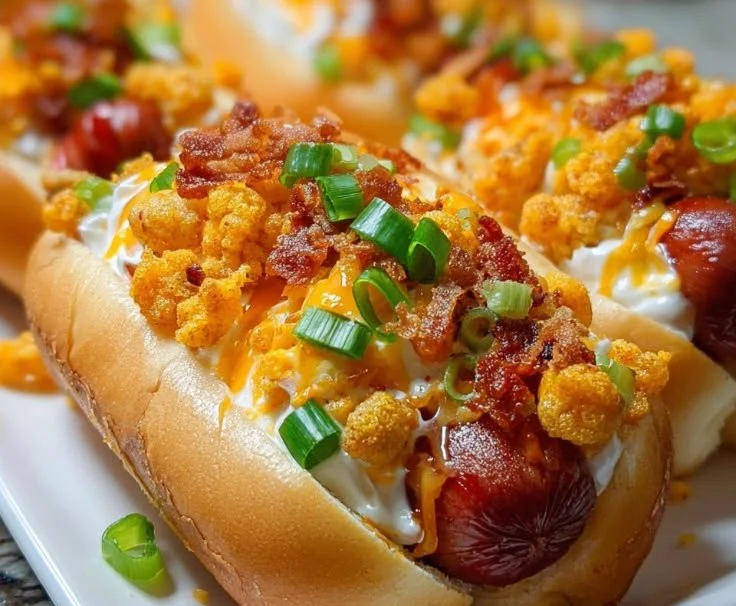Spicy hot dogs topped with Flaming Cheetos for an exciting twist.