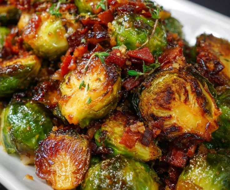 Delicious Hot Honey Brussels Sprouts with Bacon served on a plate.