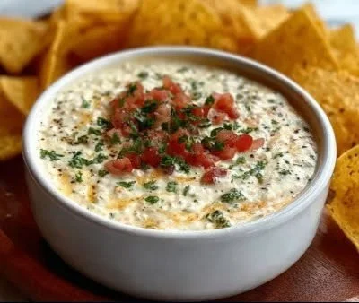 Delicious homemade Mexican white cheese dip served with tortilla chips