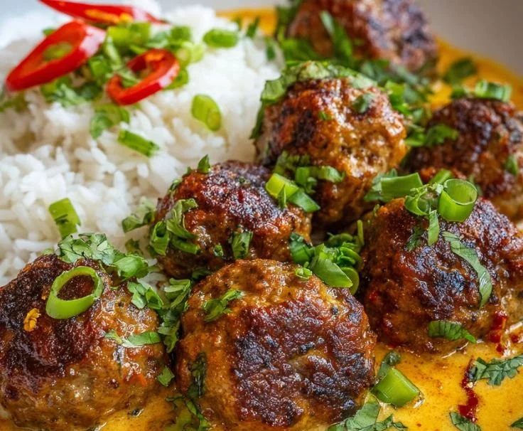 Jerk meatballs in creamy coconut curry sauce served in a bowl