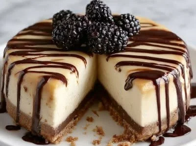 Delicious Kahlua Mudslide Cheesecake dessert topped with chocolate and coffee flavors.