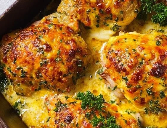 Keto Cheesy Ranch Baked Chicken thighs garnished with herbs
