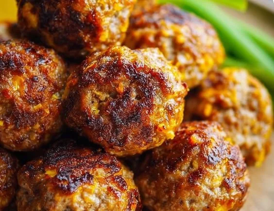 Delicious keto sausage balls recipe served on a platter.