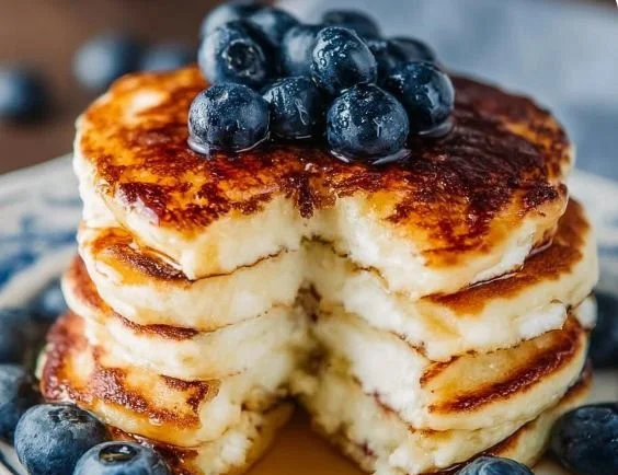 Fluffy keto-friendly cottage cheese pancakes served with berries and syrup