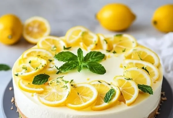 Keto no-bake lemon cheesecake topped with fresh lemon slices