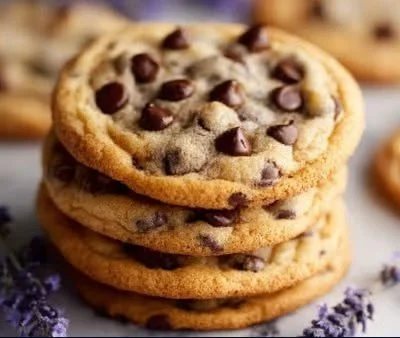 Freshly baked lavender-infused chocolate chip cookies on a plate.