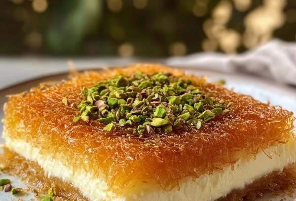 A delicious plate of Lebanese Knafeh topped with syrup and nuts.